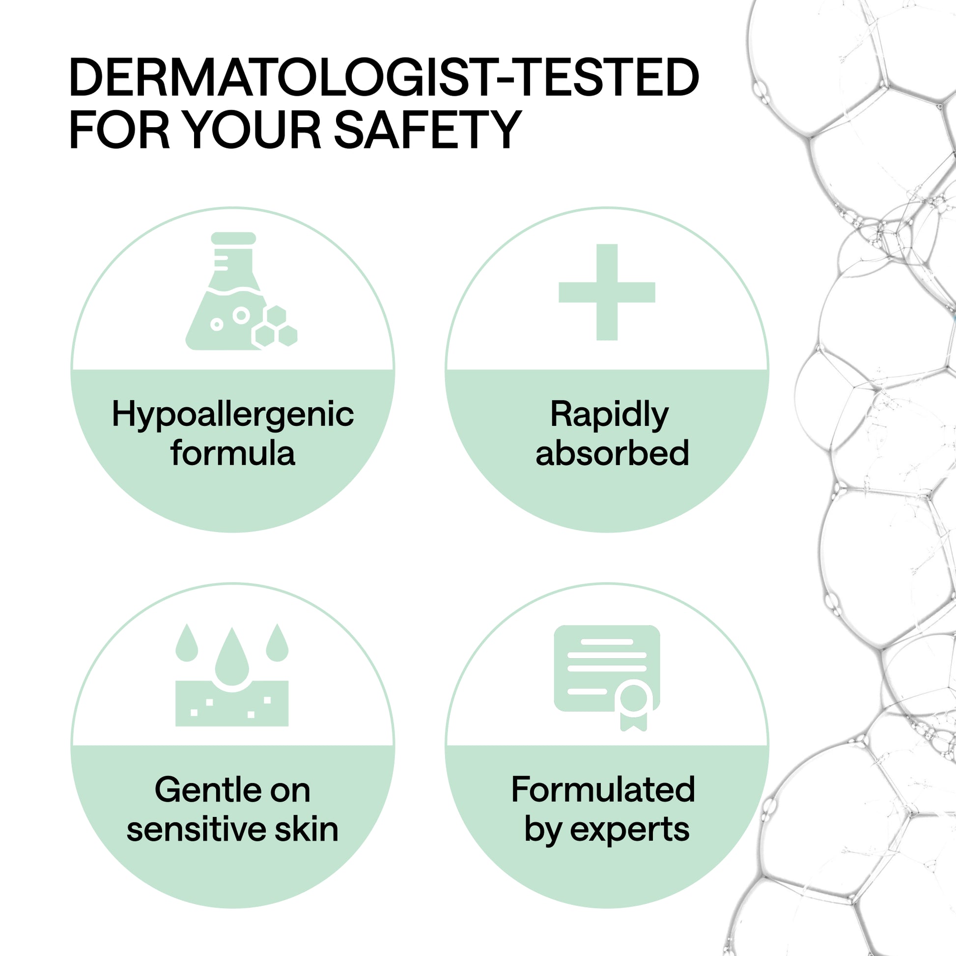 Magnesium Patches features: dermatologist-tested, hypoallergenic formula, rapidly absorbed, gentle on sensitive skin.