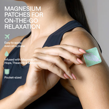 Magnesium Patches on a shoulder, designed for on-the-go relaxation and stress relief, infused with beneficial ingredients.