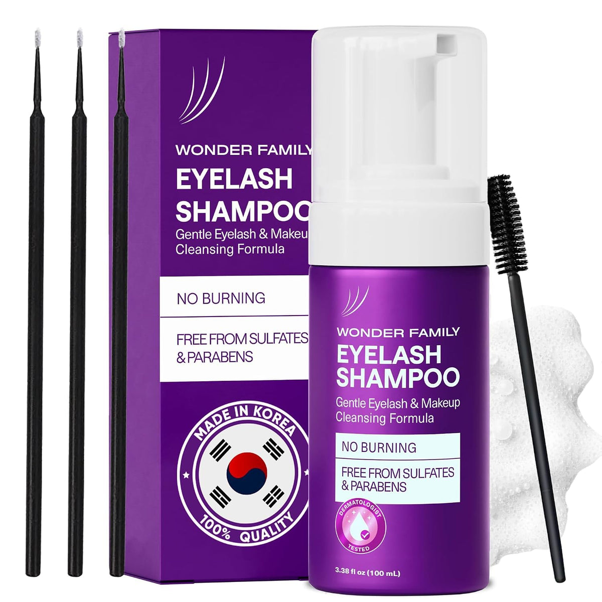 WONDER FAMILY lash shampoo kit with foaming eyelash extension cleanser, spoolie brush and microbrushes