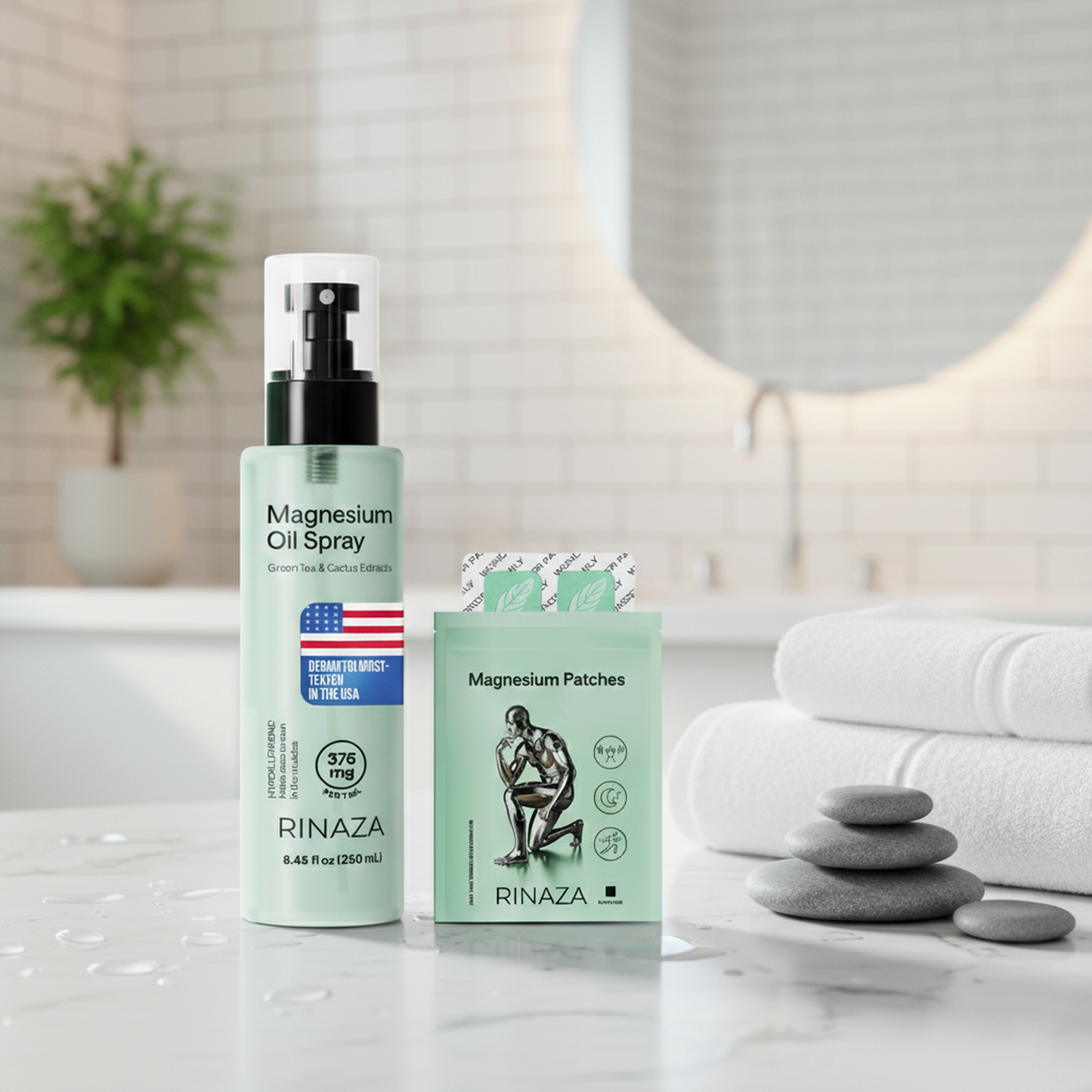 Magnesium spray and patches displayed on a bathroom countertop for muscle relief and wellness.