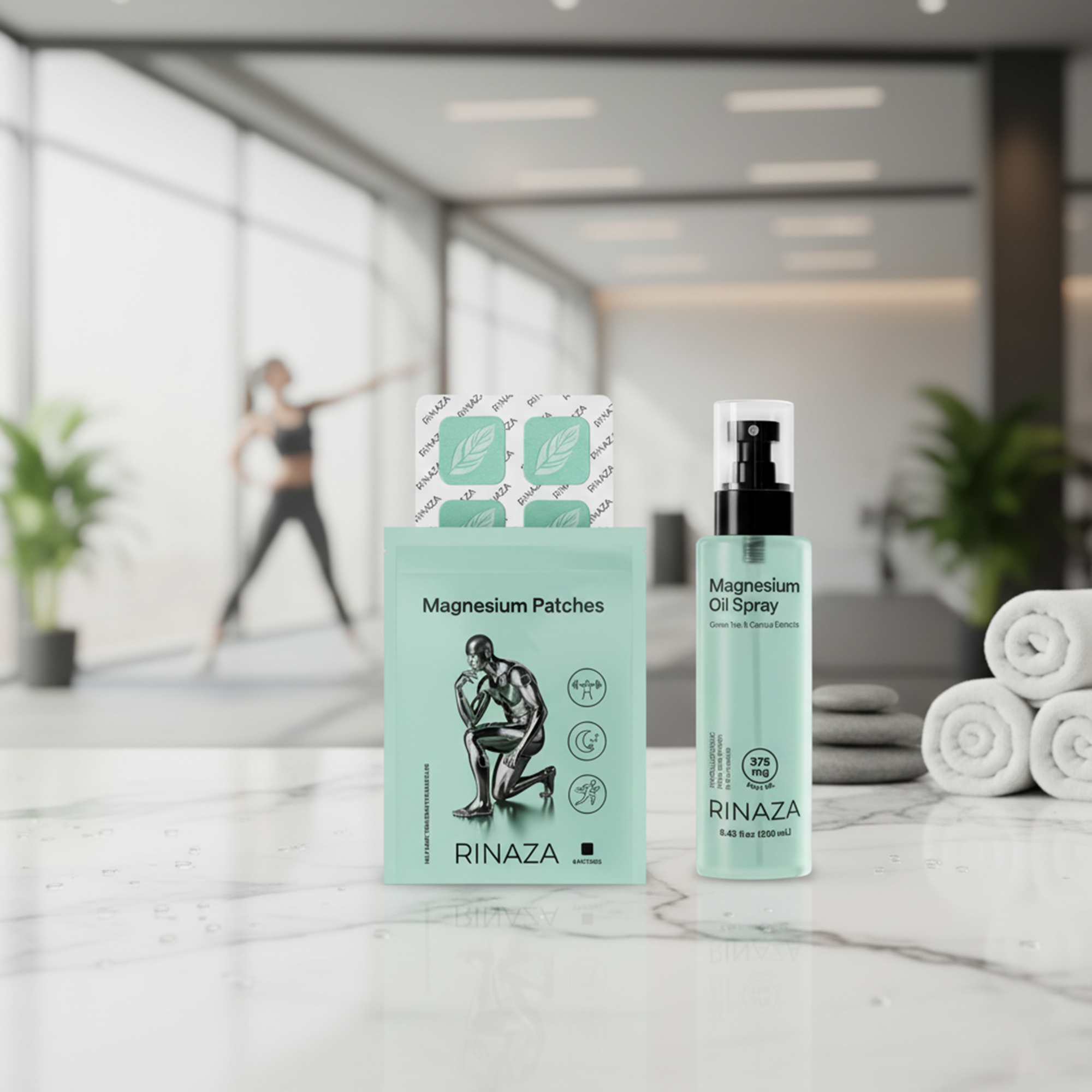 Rinaza magnesium products including patches and spray on a marble surface with a blurred gym background.