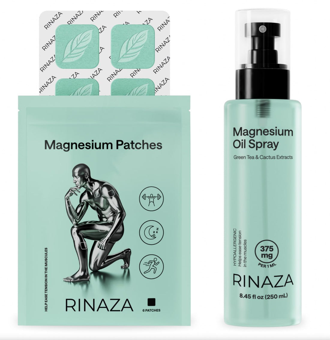 Magnesium spray product image featuring magnesium oil spray and patches