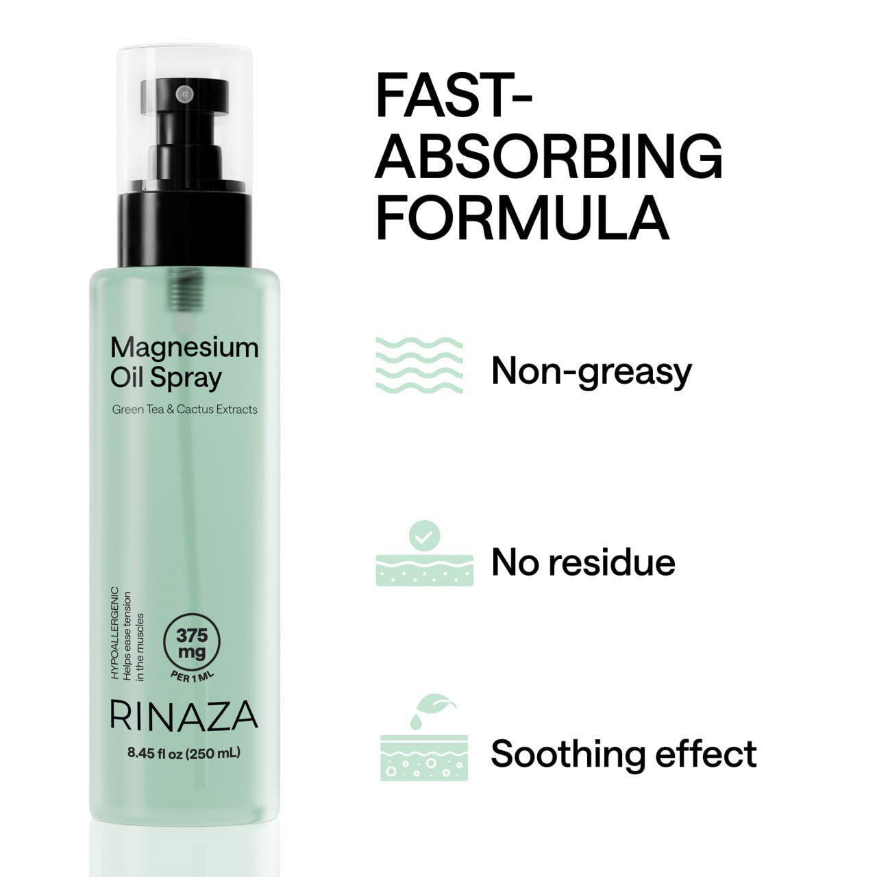 Magnesium spray bottle featuring a fast-absorbing formula for soothing muscle relief and skin wellness.